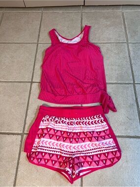 Hot Pink Two-Piece Tankini Set with Patterned Shorts